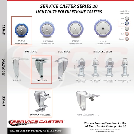 Service Caster 3 Inch Blue Polyurethane Wheel Swivel Top Plate Caster with Brake SCC SCC-20S314-PPUB-BLUE-TLB